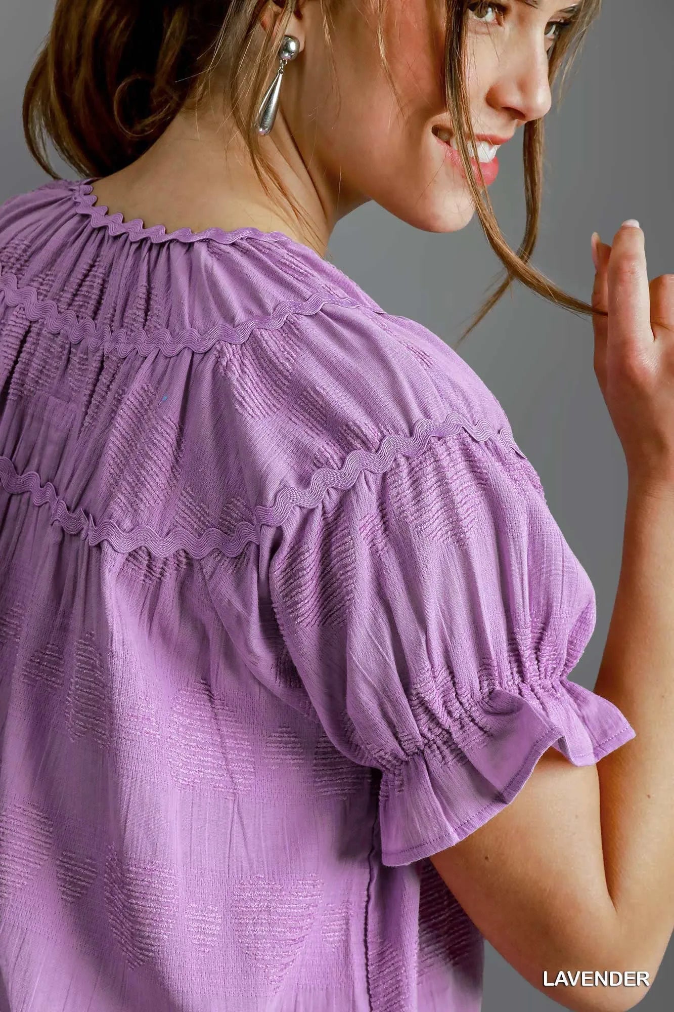 Umgee Heart Pattern Short Sleeve Ruffle Babydoll Dress.