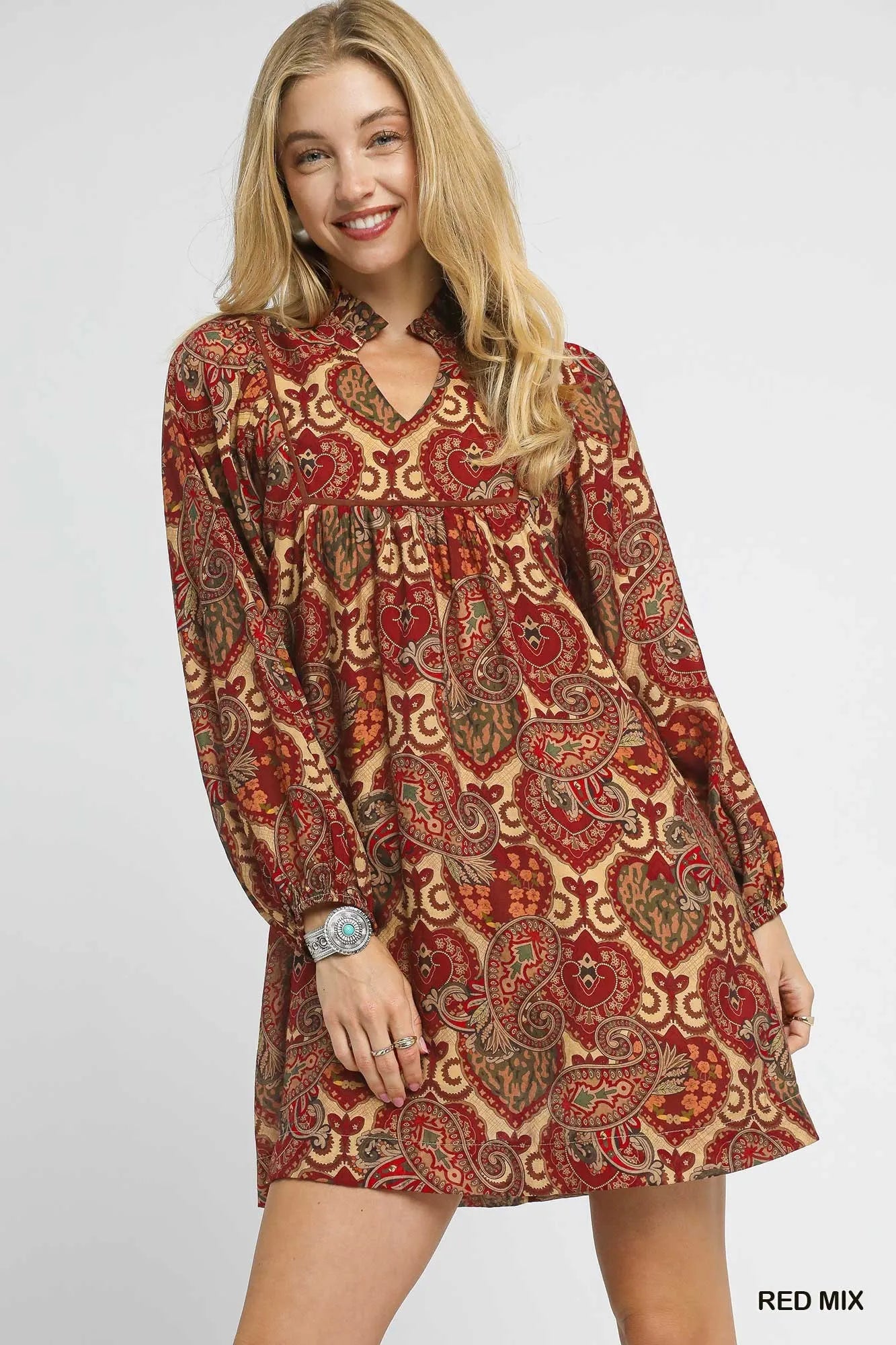 Umgee Boho Mix Paisley Babydoll Dress.