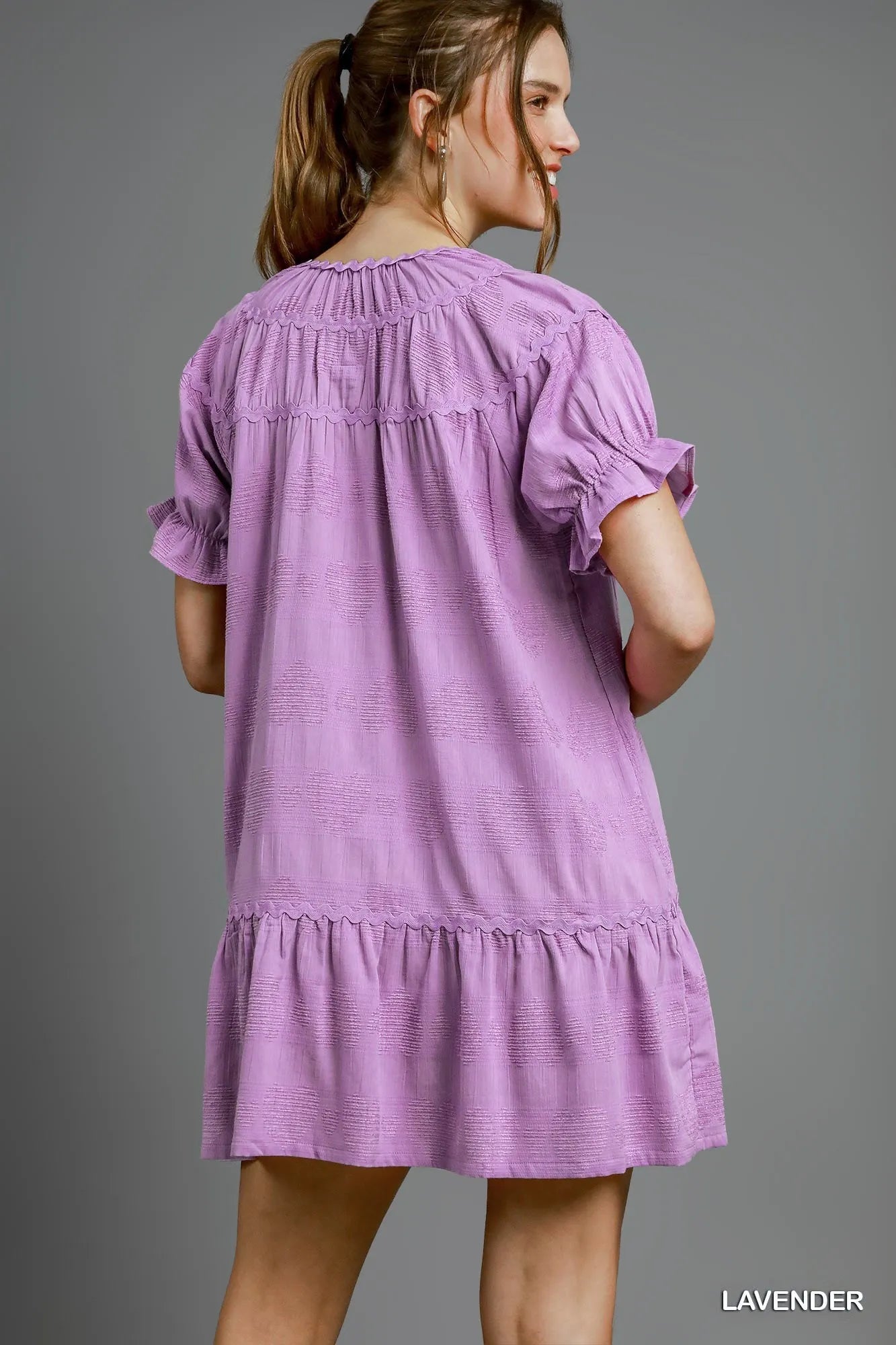 Umgee Heart Pattern Short Sleeve Ruffle Babydoll Dress.