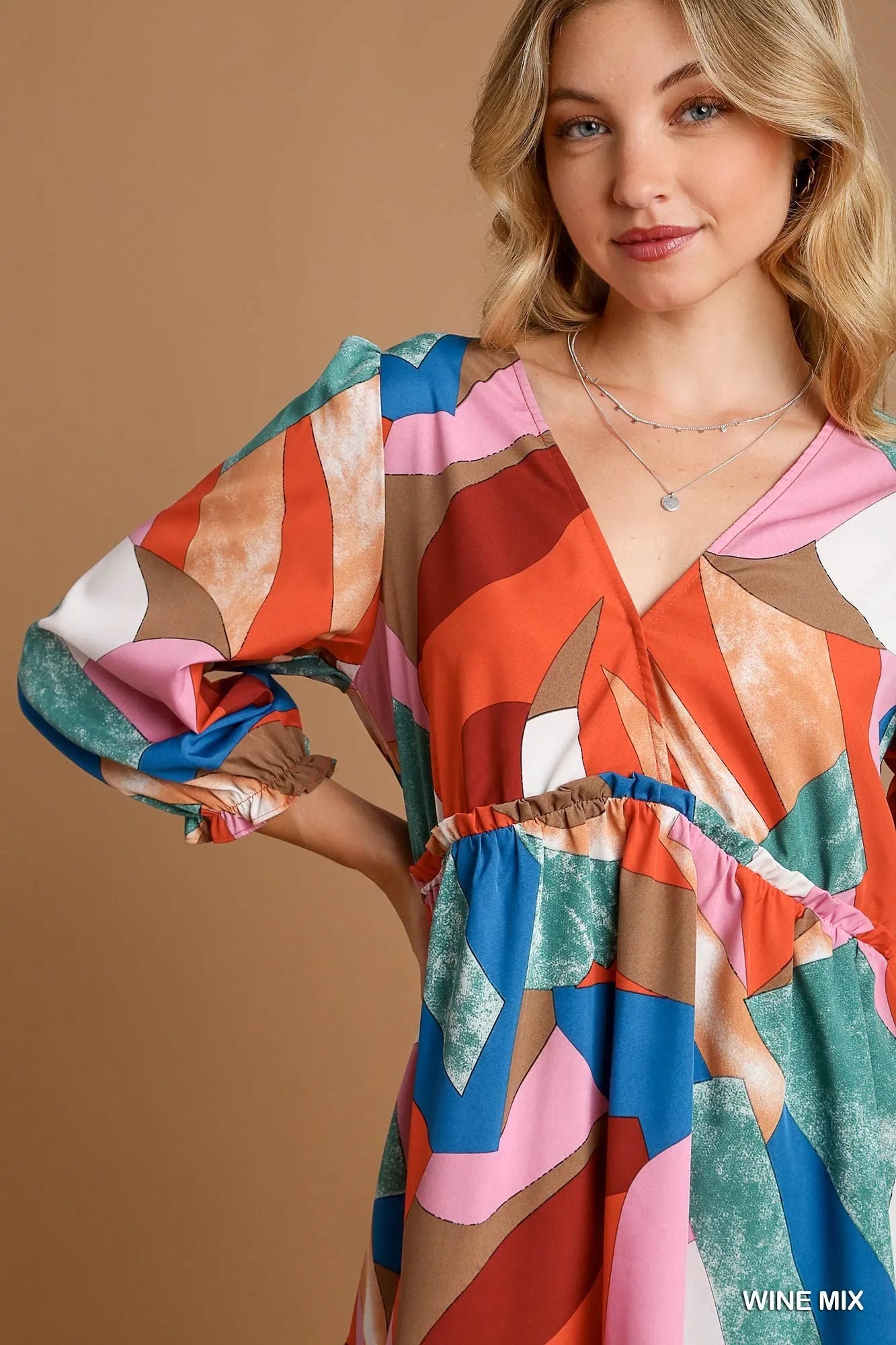 Abstract V-Neck Tiered Printed Dress.