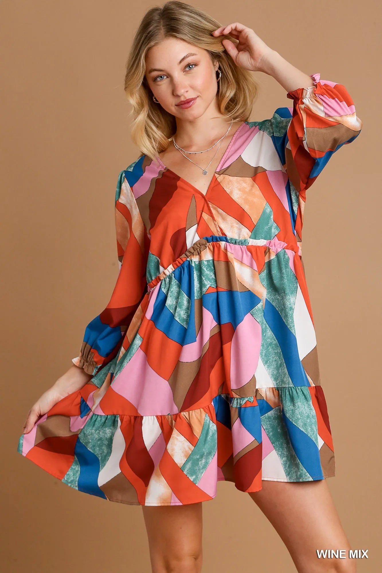 Abstract V-Neck Tiered Printed Dress.
