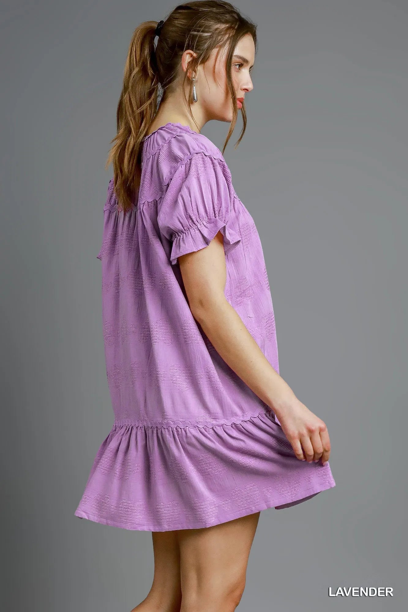 Umgee Heart Pattern Short Sleeve Ruffle Babydoll Dress.