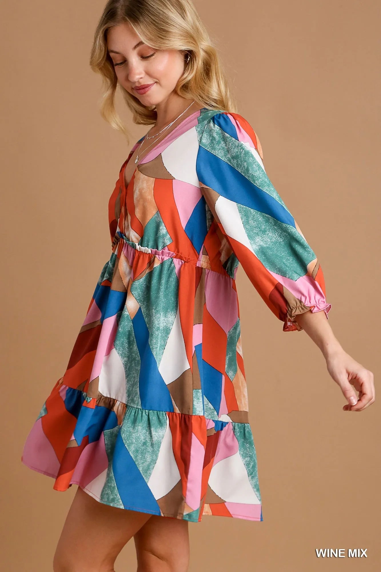 Abstract V-Neck Tiered Printed Dress.