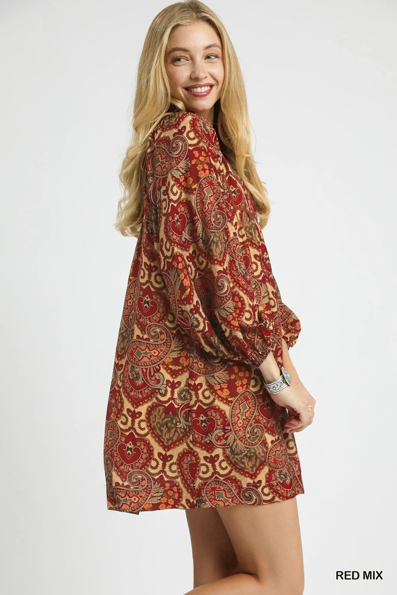 Umgee Boho Mix Paisley Babydoll Dress.