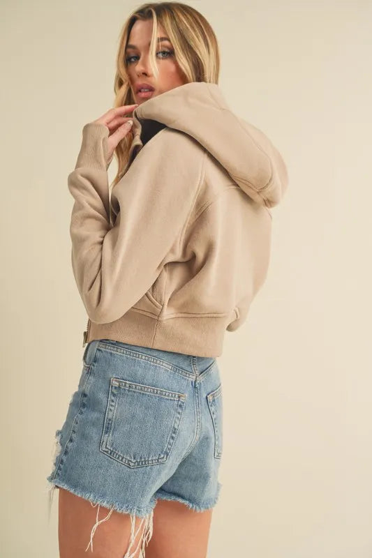 Aemi + Co Zip Up Raglan Sleeve Cropped Hoodie.