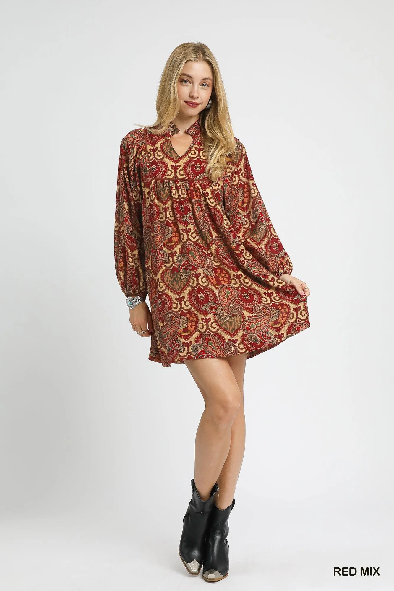 Umgee Boho Mix Paisley Babydoll Dress.