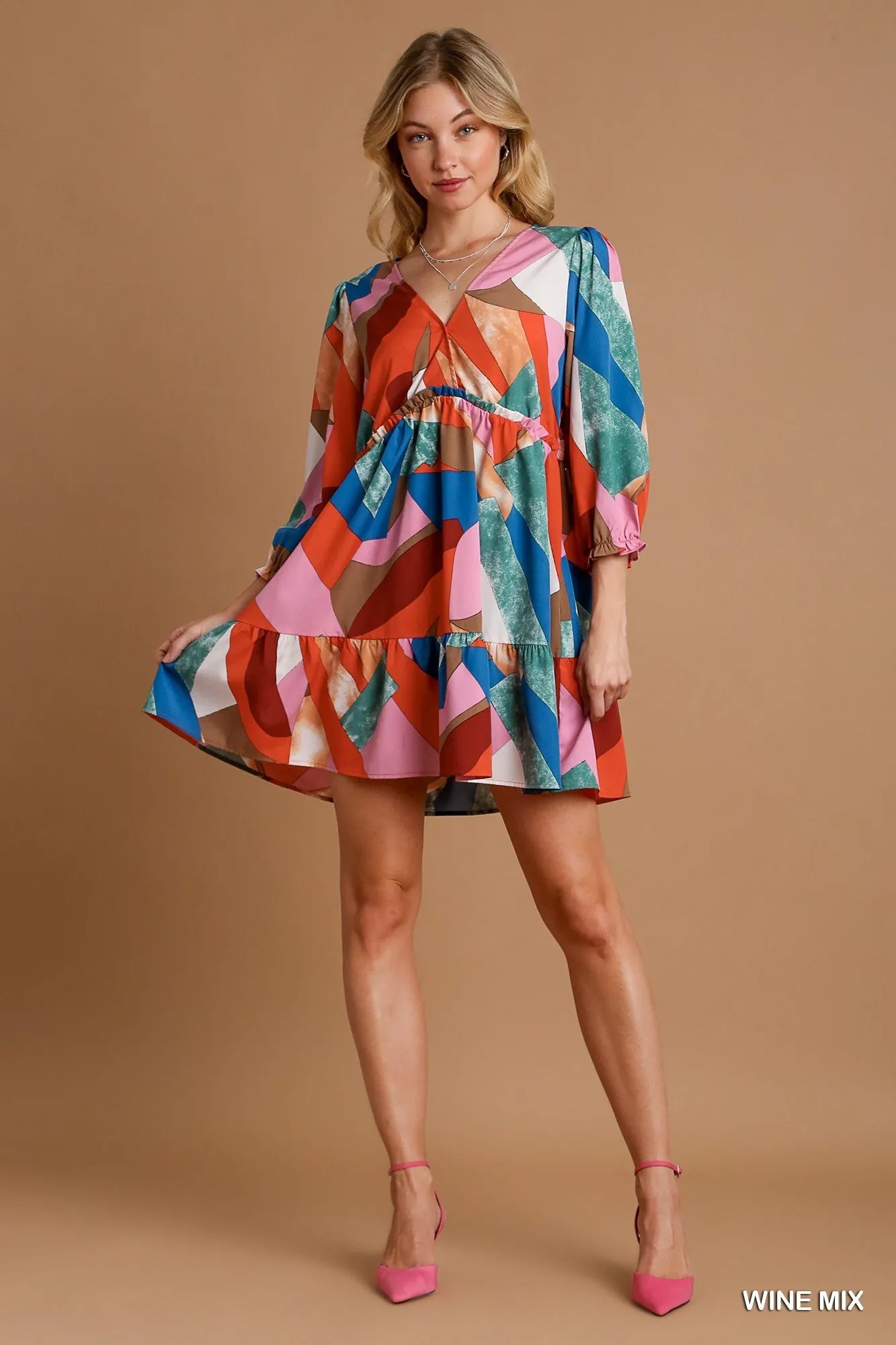 Abstract V-Neck Tiered Printed Dress.
