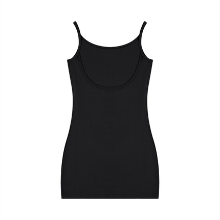 Body and Sol Mini Dress in black — sleeveless fitted rayon-spandex mini dress by Tuvi