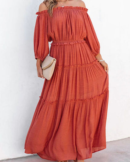 Ruffle Trim Off Shoulder Long Sleeve Maxi Dress