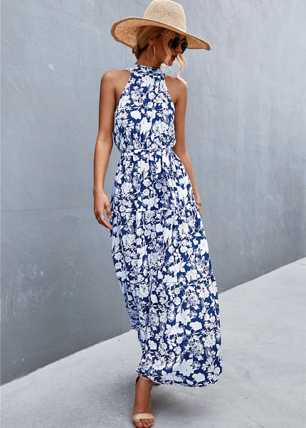 Printed Sleeveless Tie Waist Maxi Dress