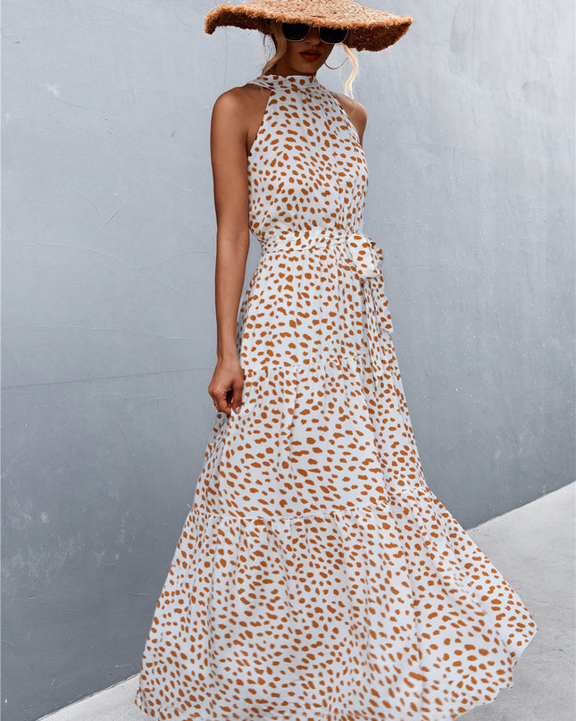 Printed Sleeveless Tie Waist Maxi Dress