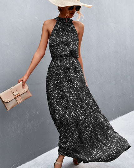 Printed Sleeveless Tie Waist Maxi Dress