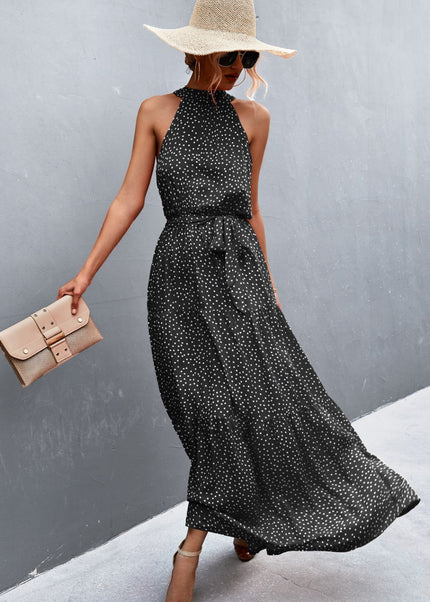Printed Sleeveless Tie Waist Maxi Dress