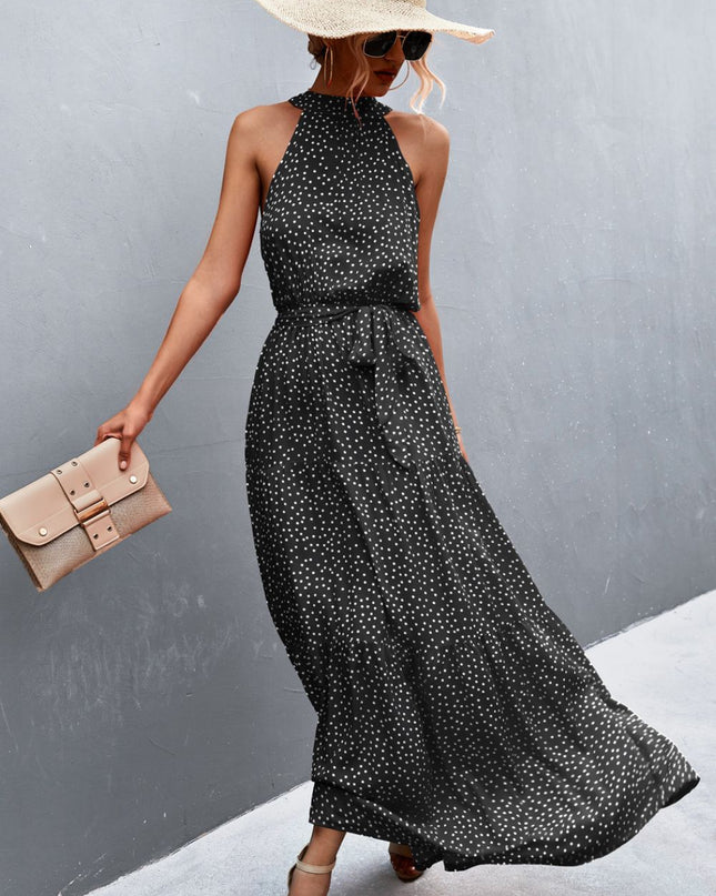 Printed Sleeveless Tie Waist Maxi Dress