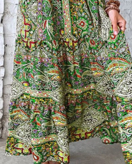 Full Size Smocked Printed V-Neck Cap Sleeve Dress Plus Size.