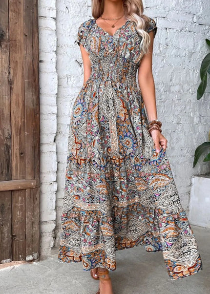 Full Size Smocked Printed V-Neck Cap Sleeve Dress Plus Size.