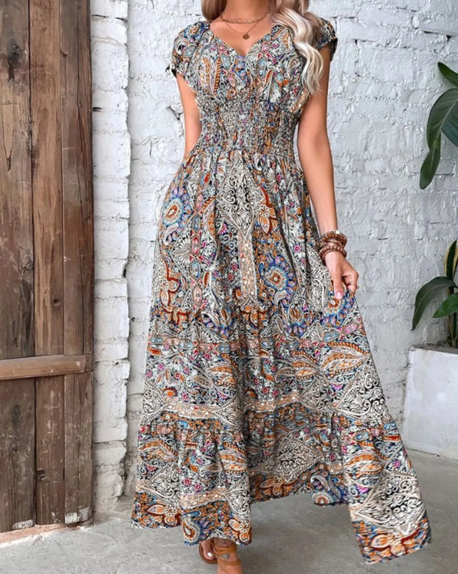 Full Size Smocked Printed V-Neck Cap Sleeve Dress Plus Size.