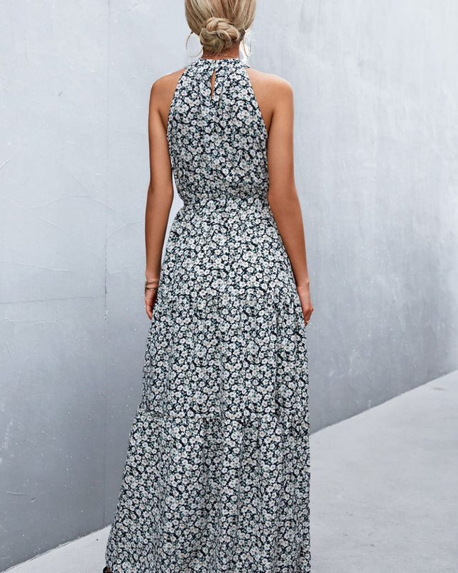 Printed Sleeveless Tie Waist Maxi Dress