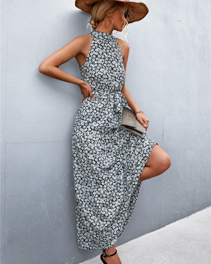 Printed Sleeveless Tie Waist Maxi Dress