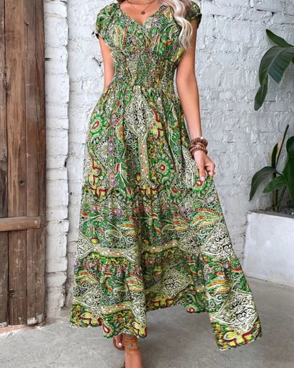 Full Size Smocked Printed V-Neck Cap Sleeve Dress Plus Size.
