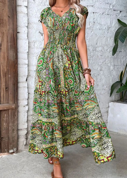 Full Size Smocked Printed V-Neck Cap Sleeve Dress Plus Size.