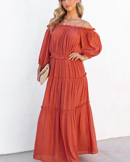 Ruffle Trim Off Shoulder Long Sleeve Maxi Dress