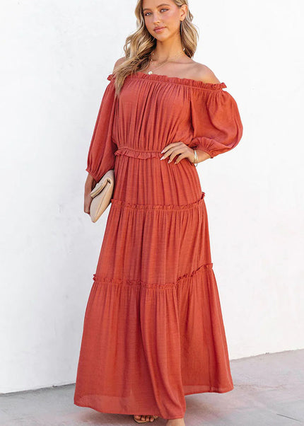 Ruffle Trim Off Shoulder Long Sleeve Maxi Dress