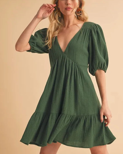 Aemi+Co Tied Back Ruffled Short Sleeve Mini Dress.