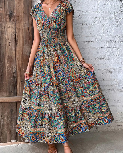 Full Size Smocked Printed V-Neck Cap Sleeve Dress Plus Size.