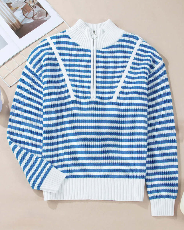 Striped Half Zip Long Sleeve Sweater