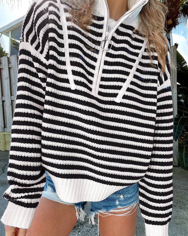Striped Half Zip Long Sleeve Sweater
