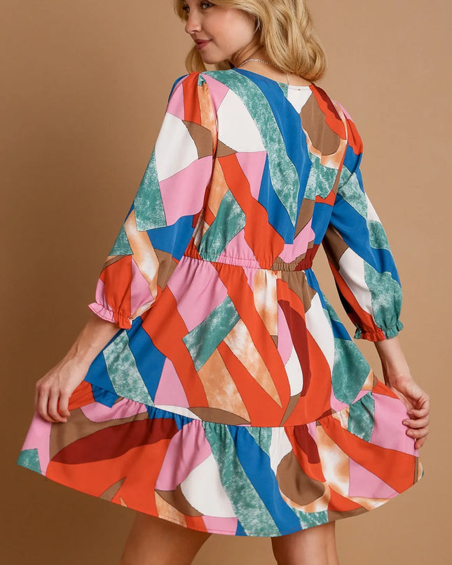 Abstract V-Neck Tiered Printed Dress.