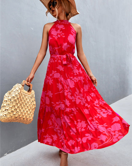 Printed Sleeveless Tie Waist Maxi Dress