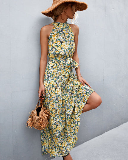 Printed Sleeveless Tie Waist Maxi Dress
