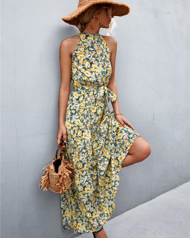 Printed Sleeveless Tie Waist Maxi Dress