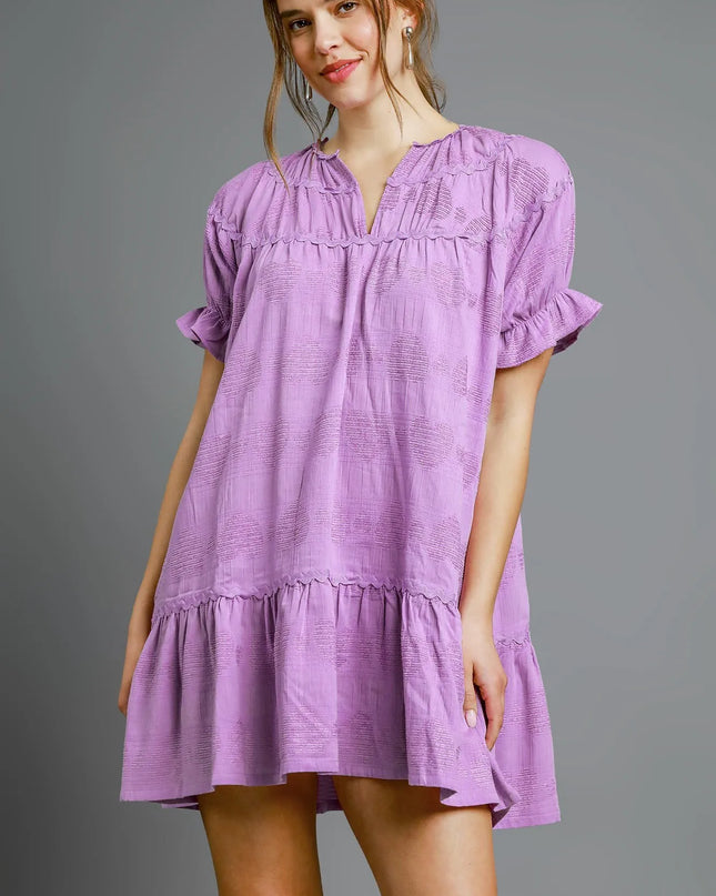 Umgee Heart Pattern Short Sleeve Ruffle Babydoll Dress.