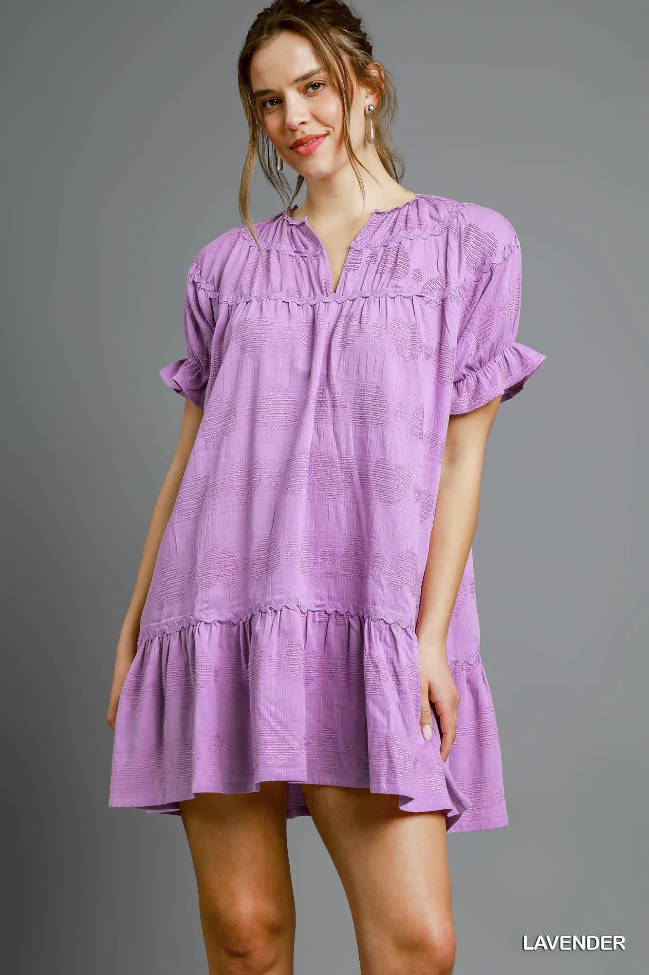 Umgee Heart Pattern Short Sleeve Ruffle Babydoll Dress.