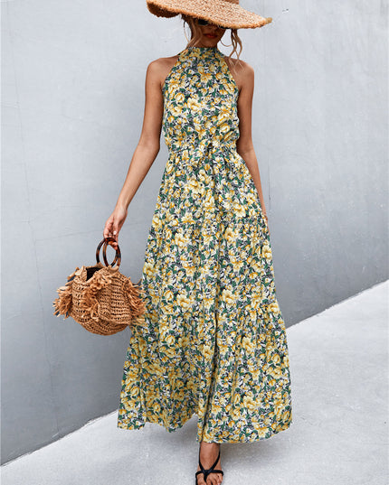 Printed Sleeveless Tie Waist Maxi Dress