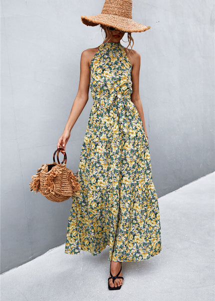 Printed Sleeveless Tie Waist Maxi Dress