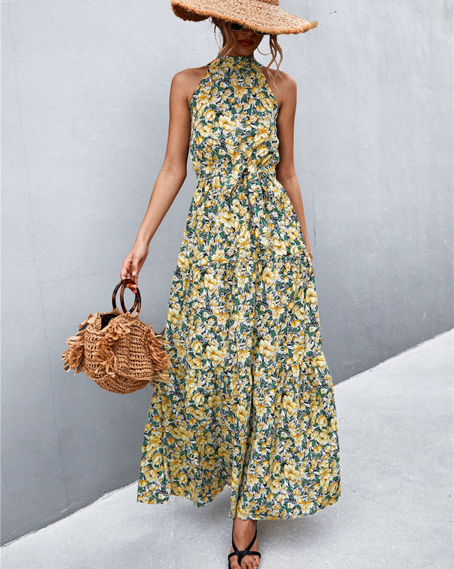 Printed Sleeveless Tie Waist Maxi Dress