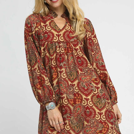 Umgee Boho Mix Paisley Babydoll Dress.