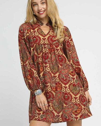 Umgee Boho Mix Paisley Babydoll Dress.