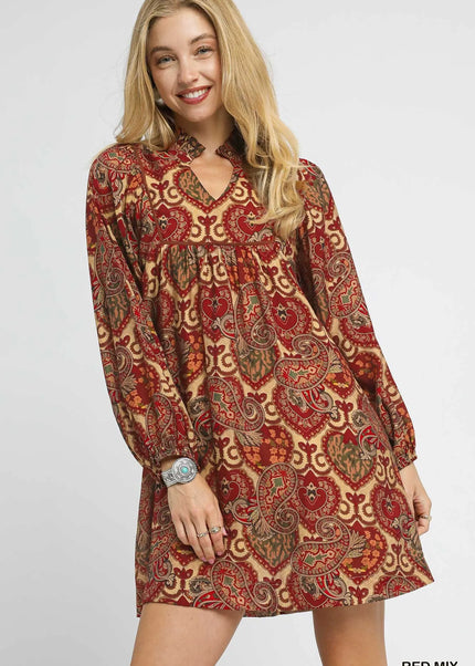 Umgee Boho Mix Paisley Babydoll Dress.