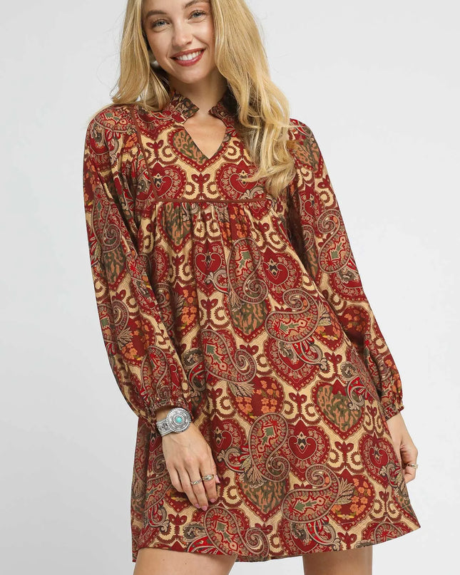 Umgee Boho Mix Paisley Babydoll Dress.