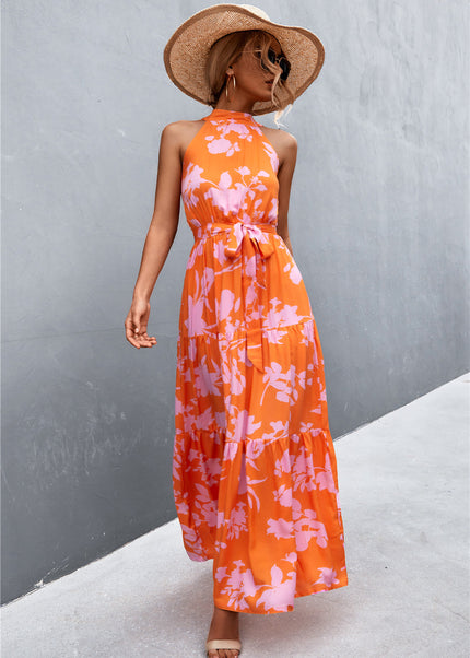 Printed Sleeveless Tie Waist Maxi Dress