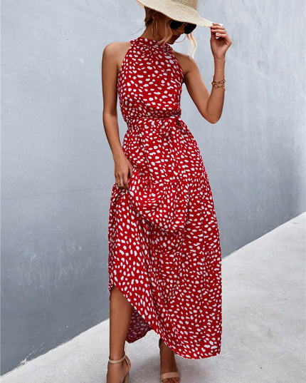 Printed Sleeveless Tie Waist Maxi Dress