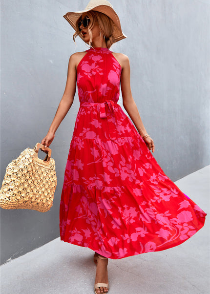 Printed Sleeveless Tie Waist Maxi Dress