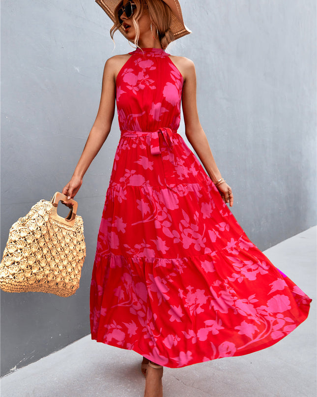 Printed Sleeveless Tie Waist Maxi Dress