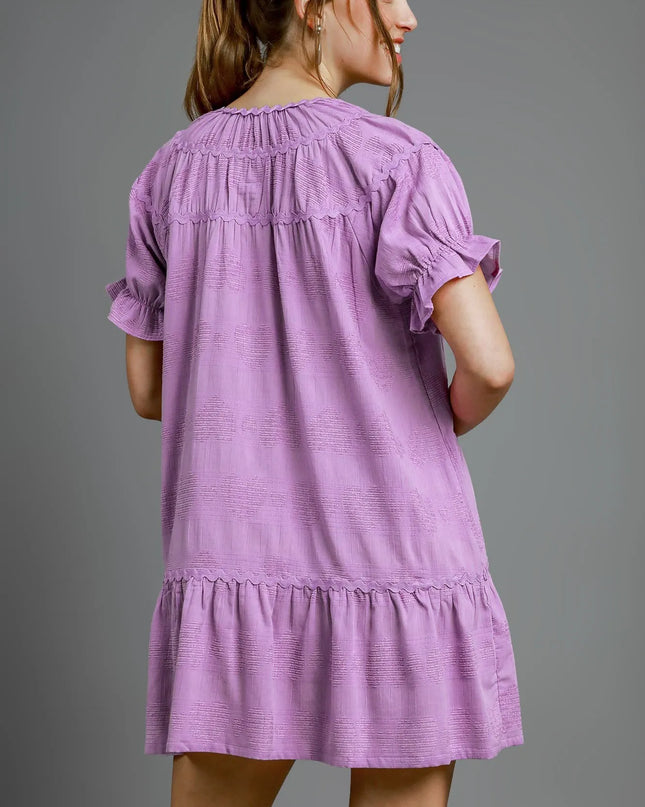 Umgee Heart Pattern Short Sleeve Ruffle Babydoll Dress.