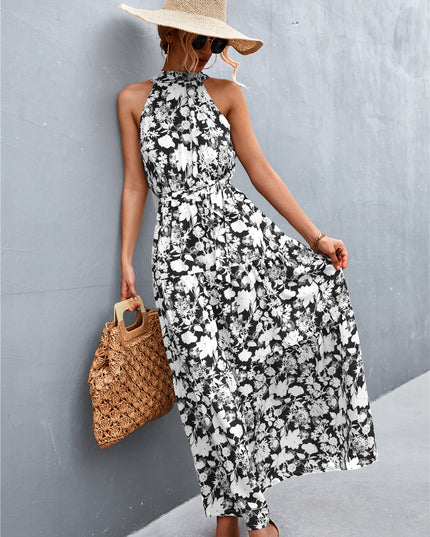 Printed Sleeveless Tie Waist Maxi Dress